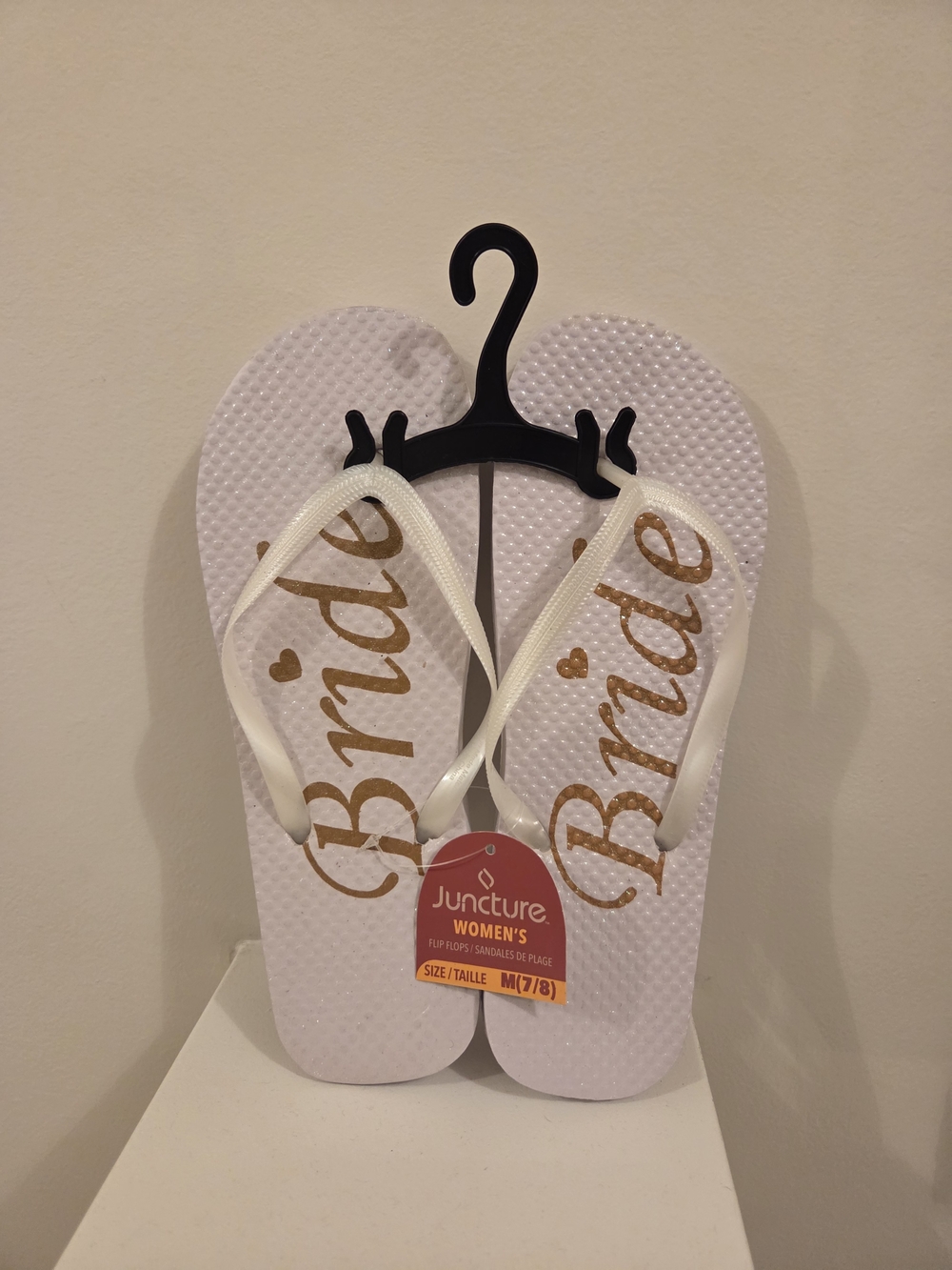 Bride White Flip Flops with Gold Script